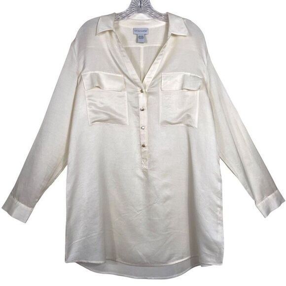 SOFT SURROUNDINGS Tunic Blouse Size Large Long Sleeve Roll Tab Silk Cream EUC - Picture 1 of 16